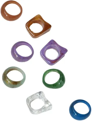 Caiyao 8 Pcs Resin Ring Set Wide Thick Dome Knuckle Finger Stackable Joint Ring Colorful Acrylic Vintage Jewelry Retro Acrylic Resin Index Finger Ring Party Elegant Handmade Gift for Women Girls
