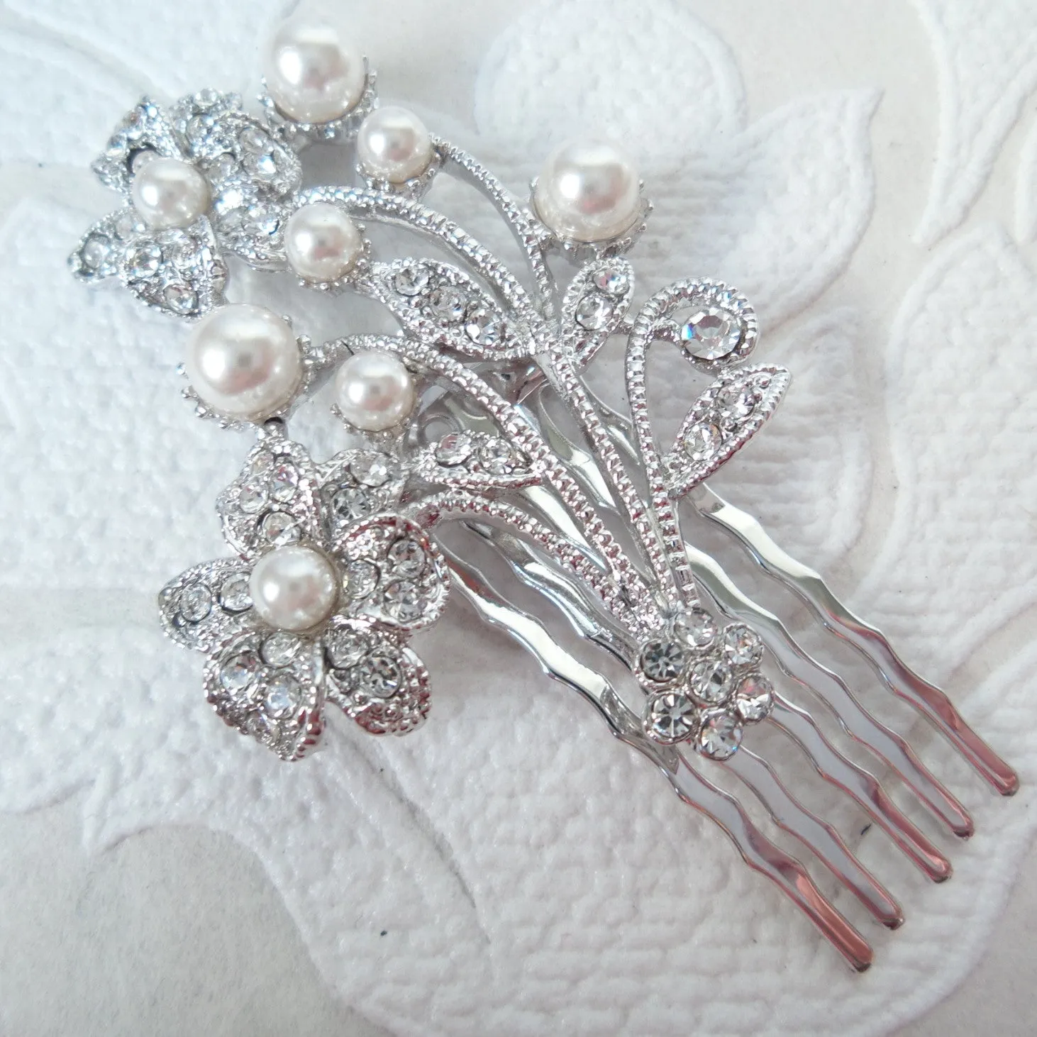 Floral Bouquet Wedding Hair Comb with Clear Crystal Bridal Jewelry