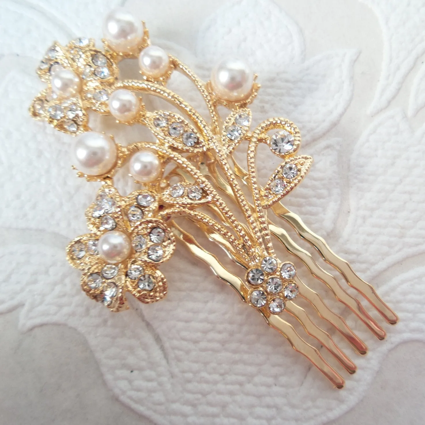 Floral Bouquet Wedding Hair Comb with Clear Crystal Bridal Jewelry