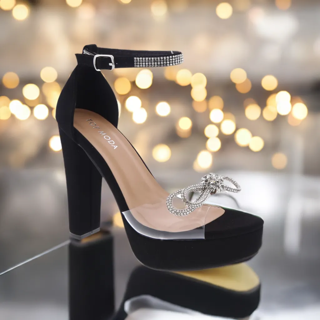 GENE-7 Black Footbed Clear PVC Vamp with Rhinestone Bow Detail