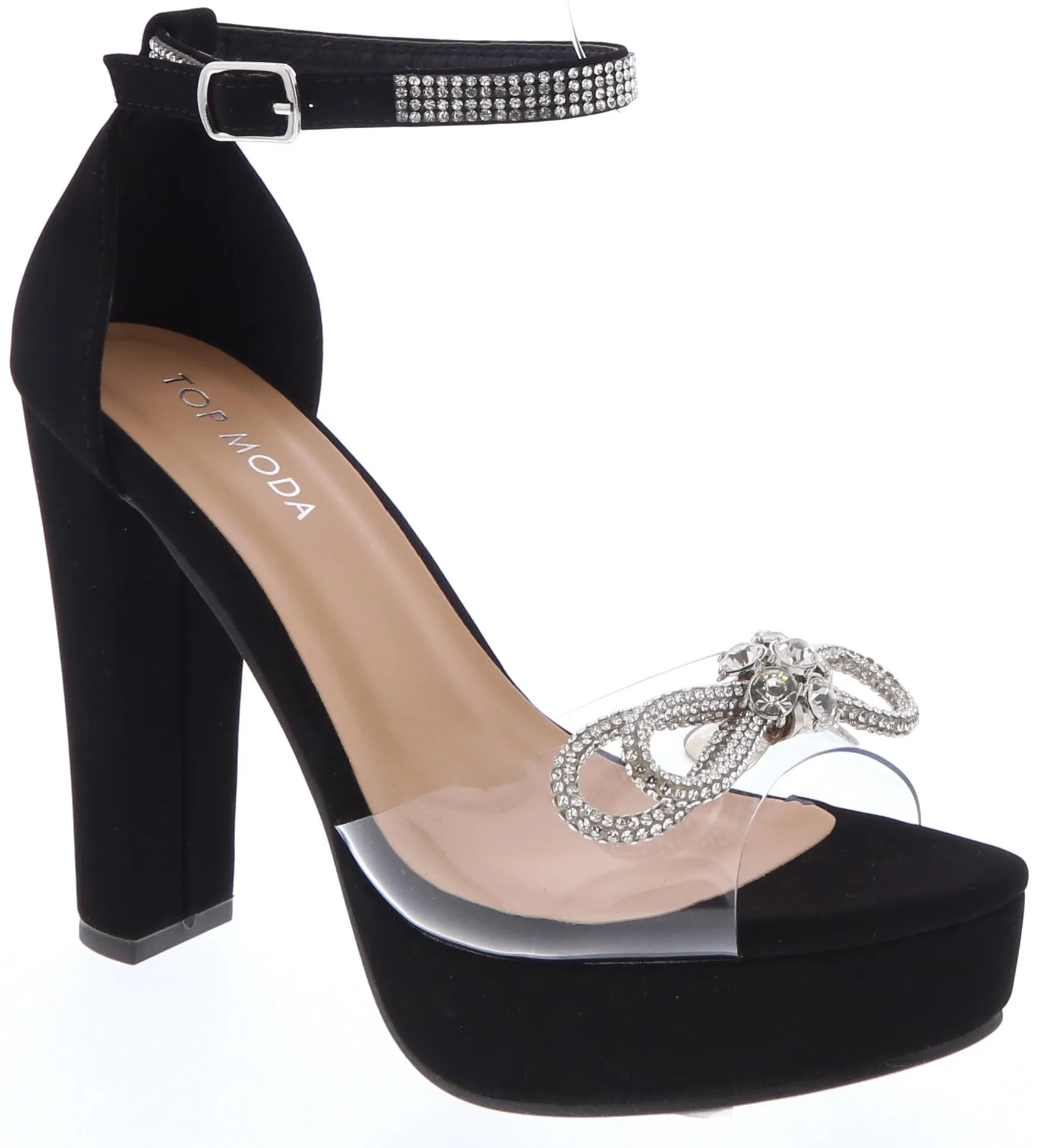 GENE-7 Black Footbed Clear PVC Vamp with Rhinestone Bow Detail