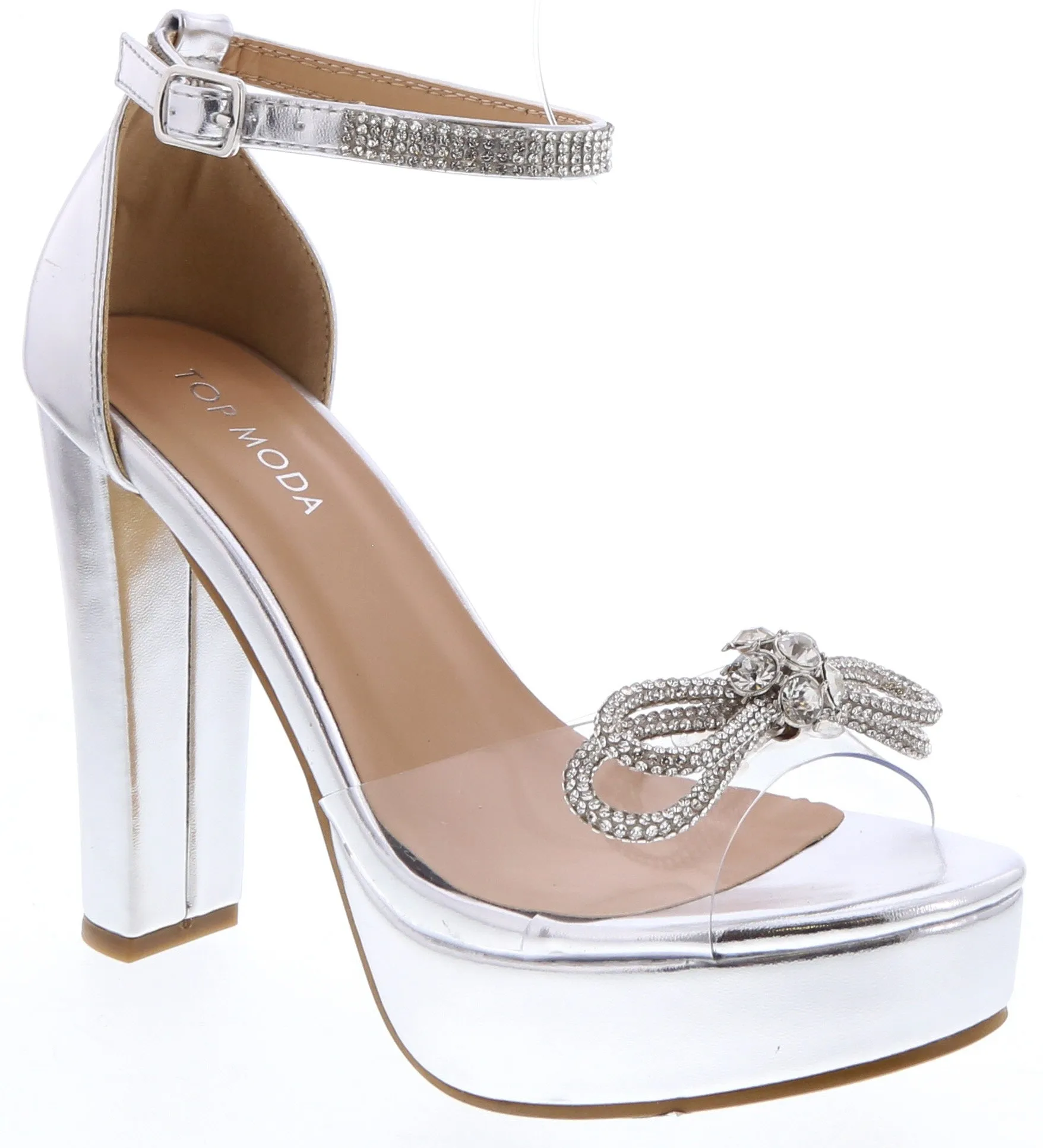GENE-7 Sliver Metallic Faux Leather Clear PVC Vamp with Rhinestone Bow Detail