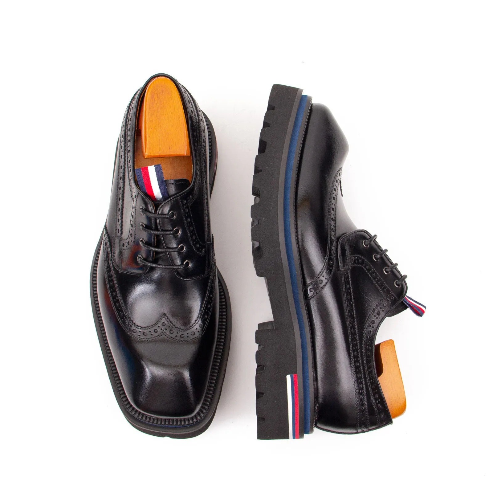 Handcrafted Square Toe Brogue Shoes with Thick Sole Black