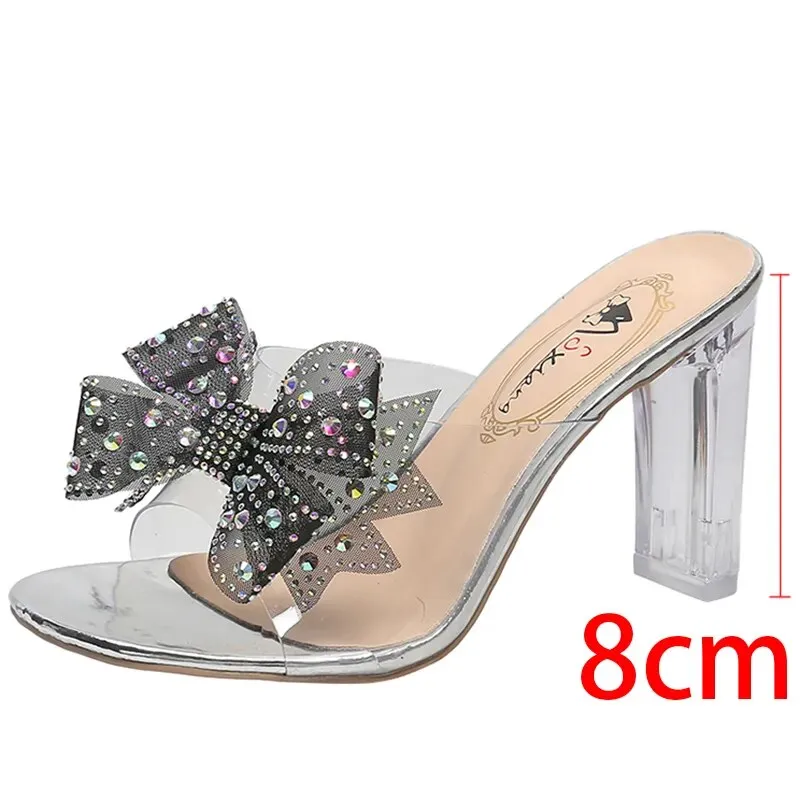 High Heels Crystal Bowtie Slippers Women 2023 Summer Open Toe Transparent Pvc Sandals Woman Clear Heeled Party Slides