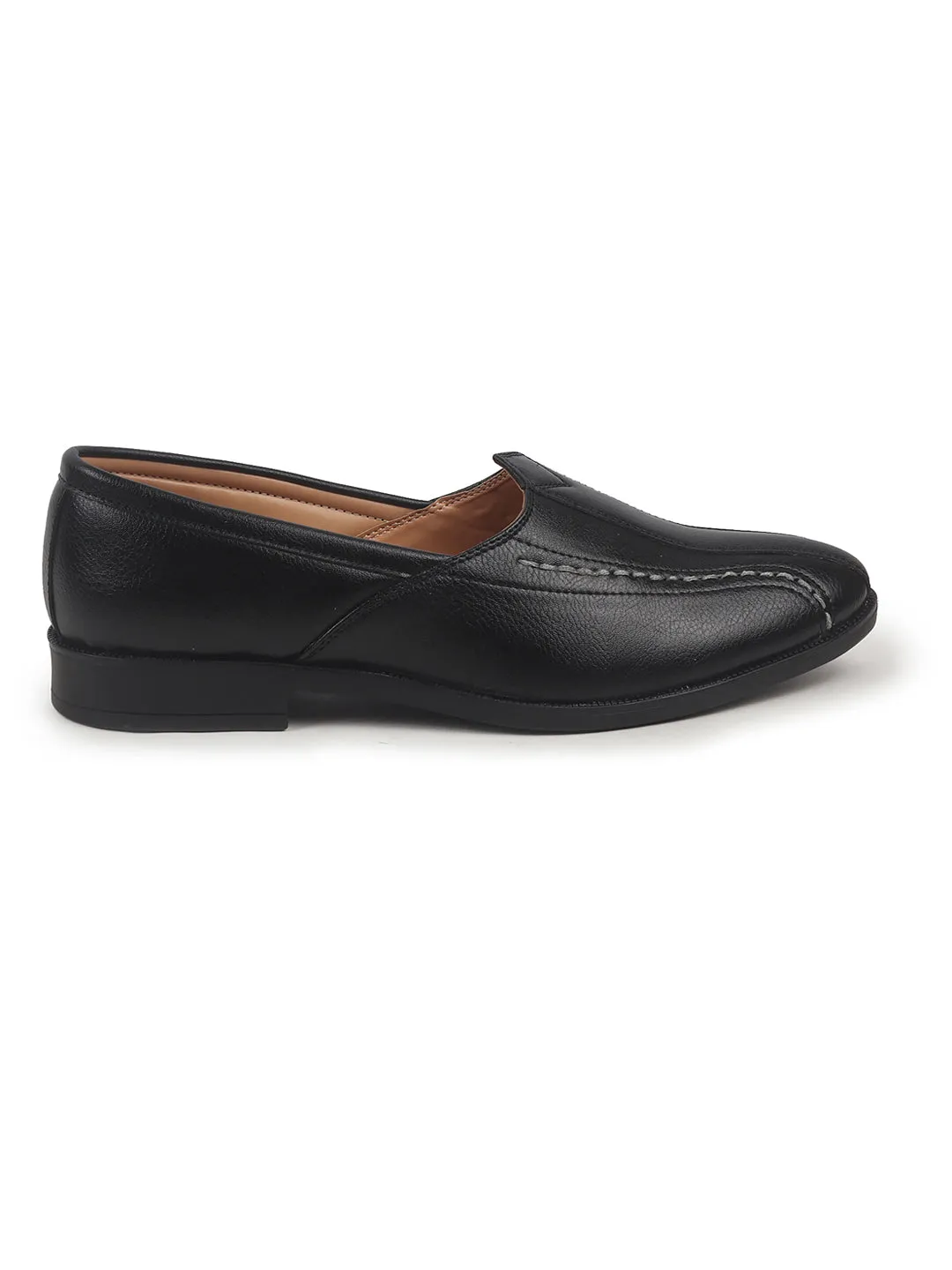 Men Black Broad Feet Traditional Wedding Slip On Ethnic Juttis and Mojaris|Party Slip On Evening Shoes|Striped Textured Mojaris
