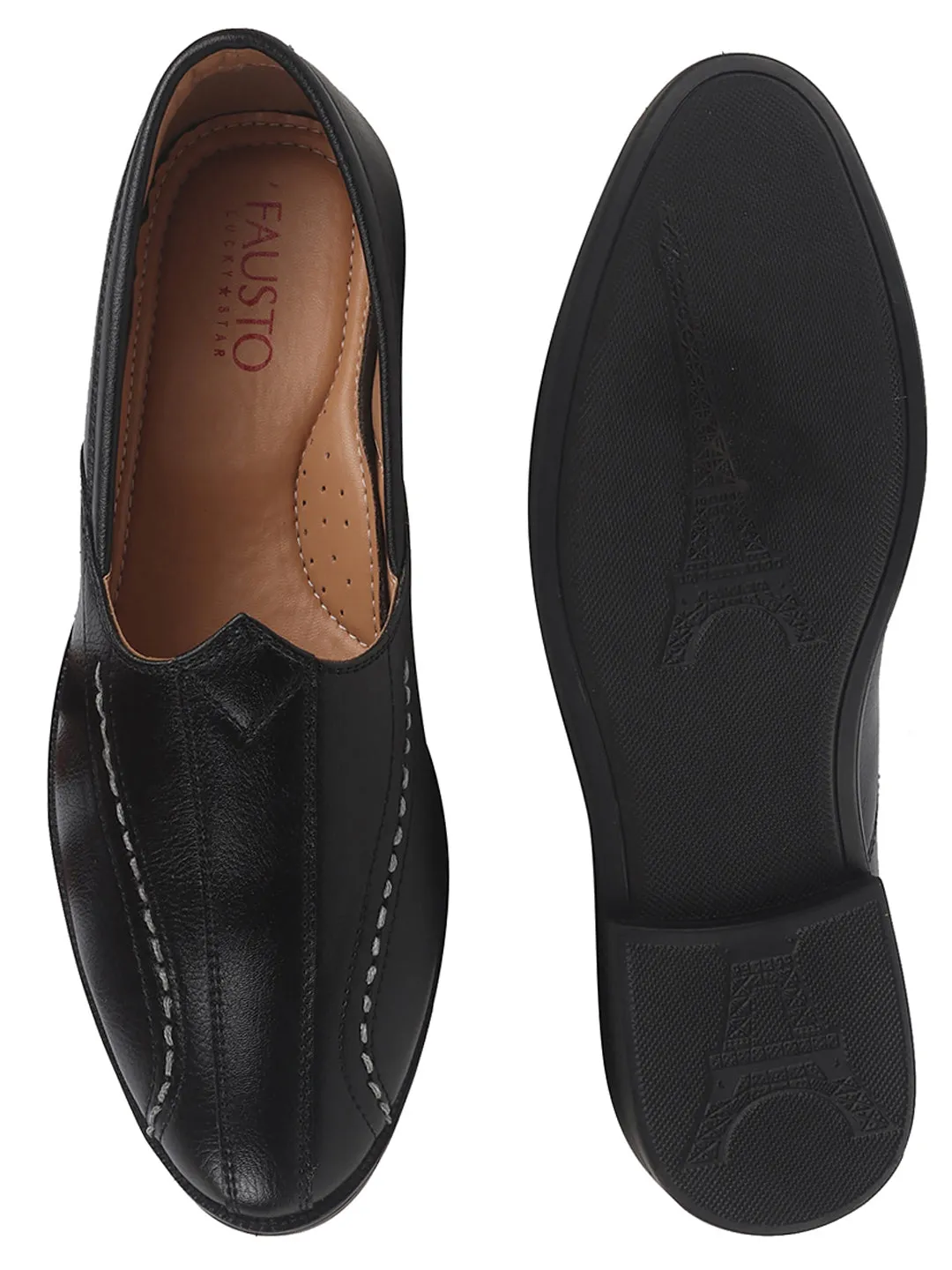 Men Black Broad Feet Traditional Wedding Slip On Ethnic Juttis and Mojaris|Party Slip On Evening Shoes|Striped Textured Mojaris