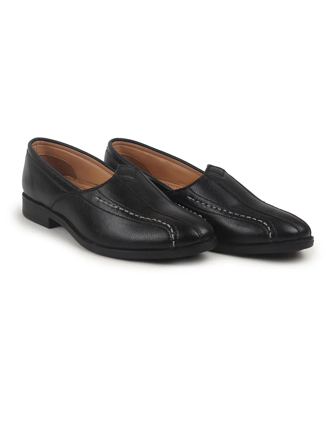 Men Black Broad Feet Traditional Wedding Slip On Ethnic Juttis and Mojaris|Party Slip On Evening Shoes|Striped Textured Mojaris