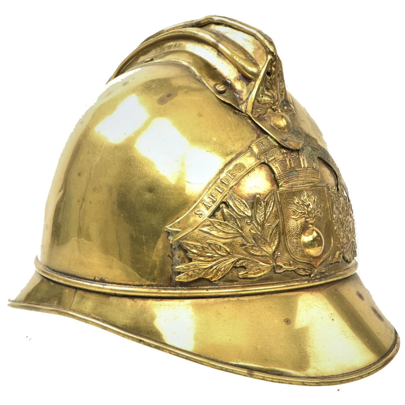 Original French WWI Adrian Pattern Brass Fire Helmet Shell from Monthou-sur-Bièvre - Casque de Pompier