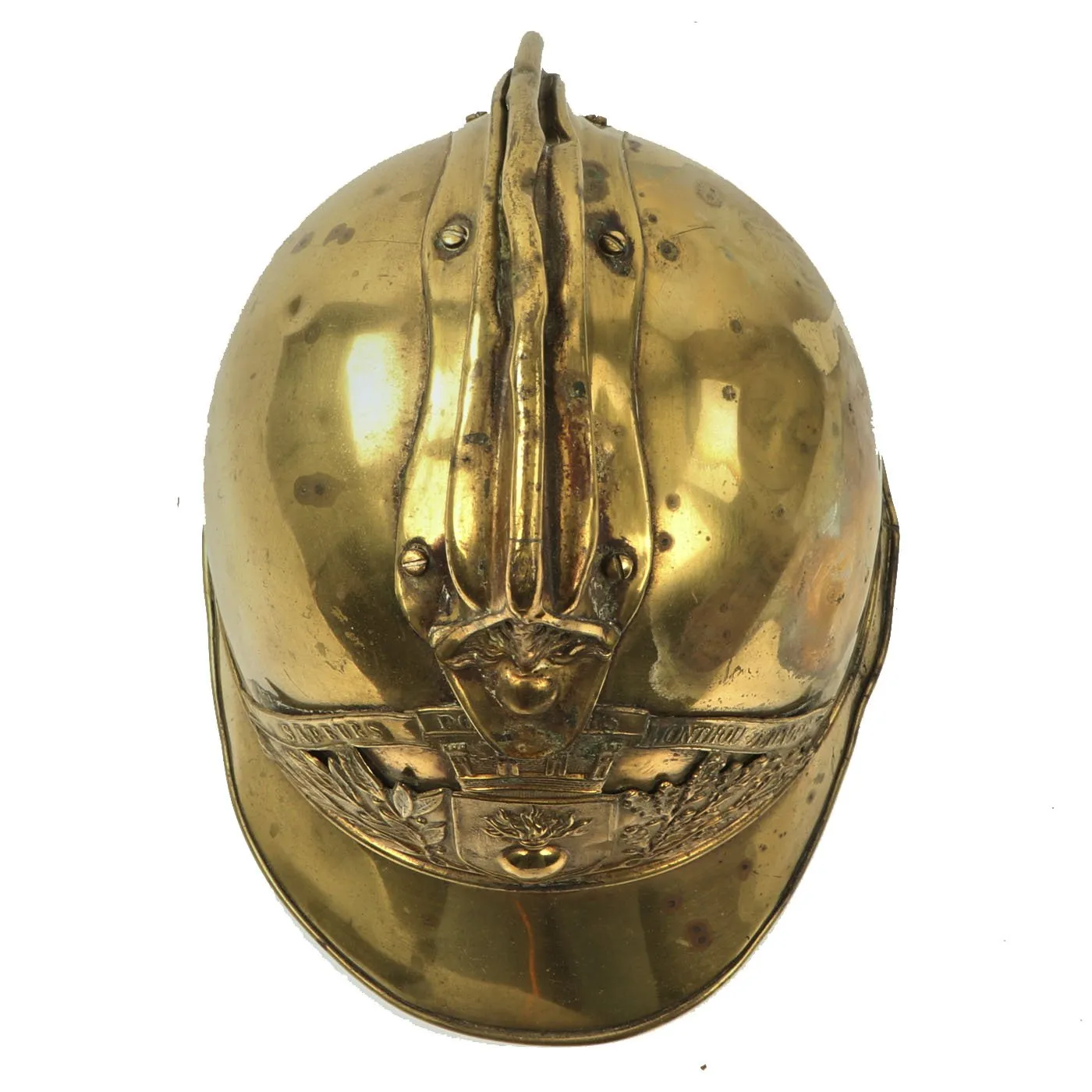 Original French WWI Adrian Pattern Brass Fire Helmet Shell from Monthou-sur-Bièvre - Casque de Pompier