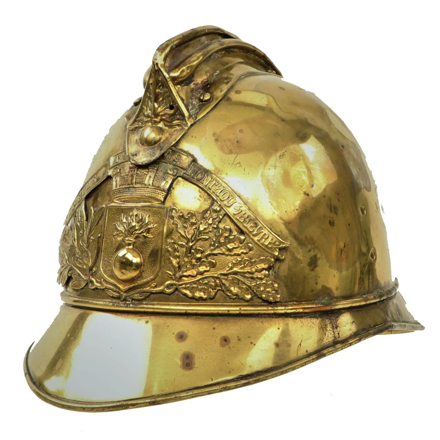 Original French WWI Adrian Pattern Brass Fire Helmet Shell from Monthou-sur-Bièvre - Casque de Pompier