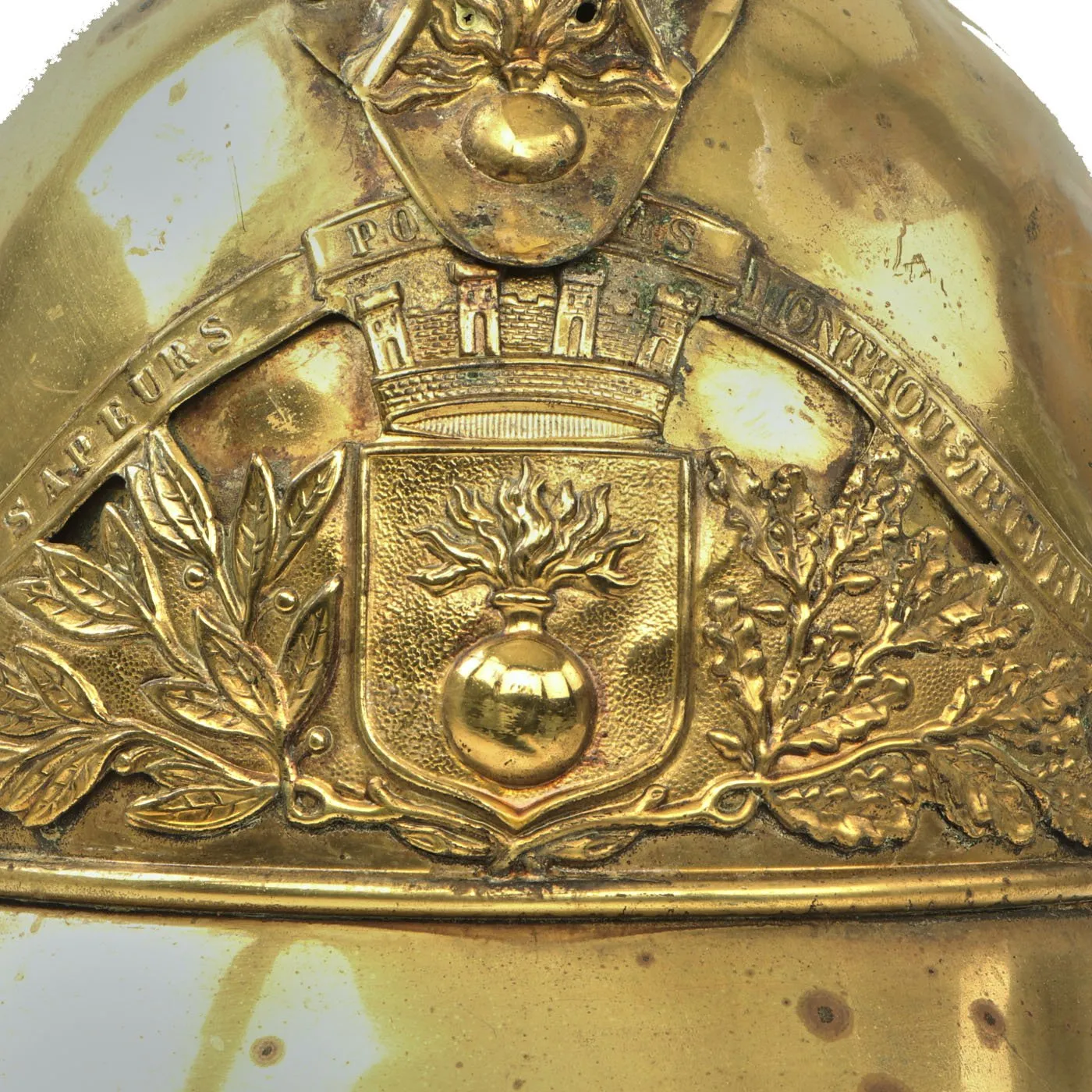 Original French WWI Adrian Pattern Brass Fire Helmet Shell from Monthou-sur-Bièvre - Casque de Pompier