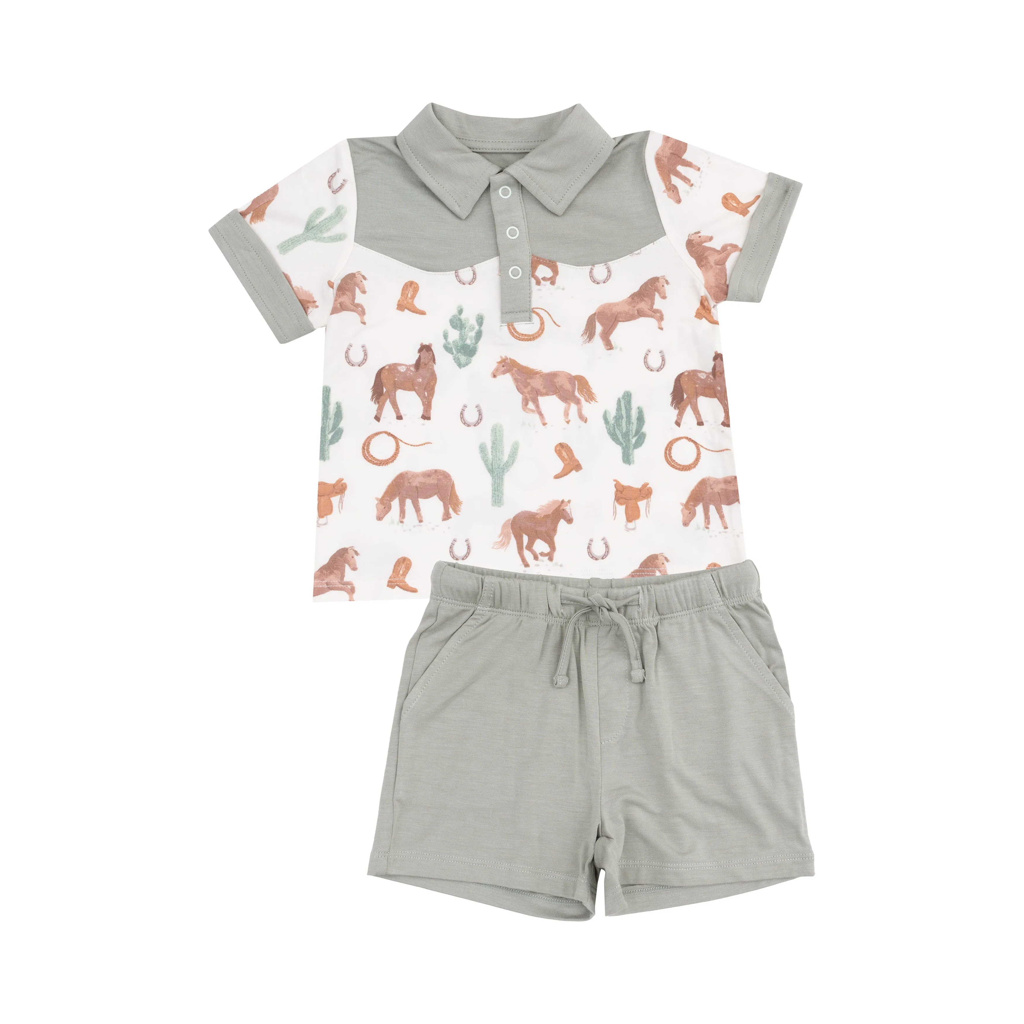Polo Shirt & Shorts - Western Horses Cowboy