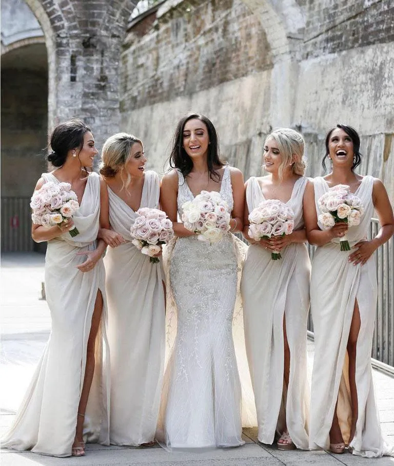 Simple Chiffon V-neck Sweep Train Pleated Bridesmaid Dresses With Slit  BD086