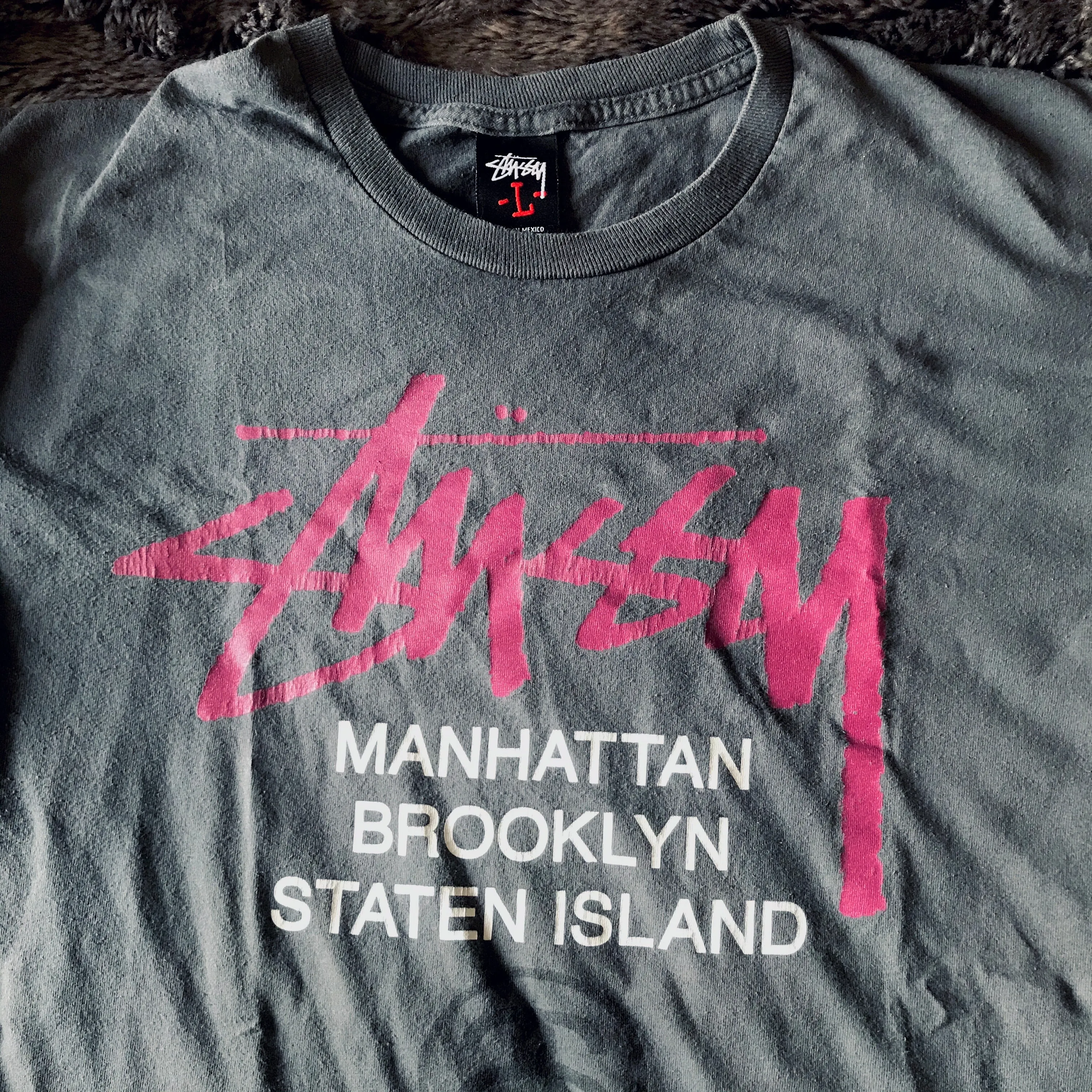 Stussy Pink Logo Tee Grey