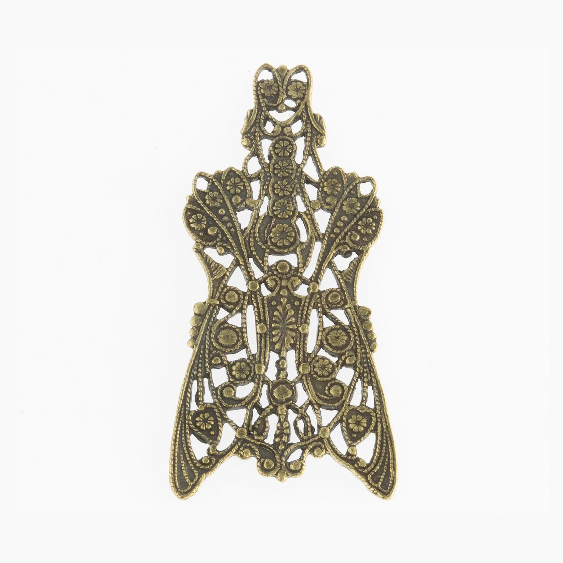 Vintage Edwardian style stamped antiqued brass filigree component. Great for wrapping stones. 50x25mm. Pkg. of 1. b9-0727