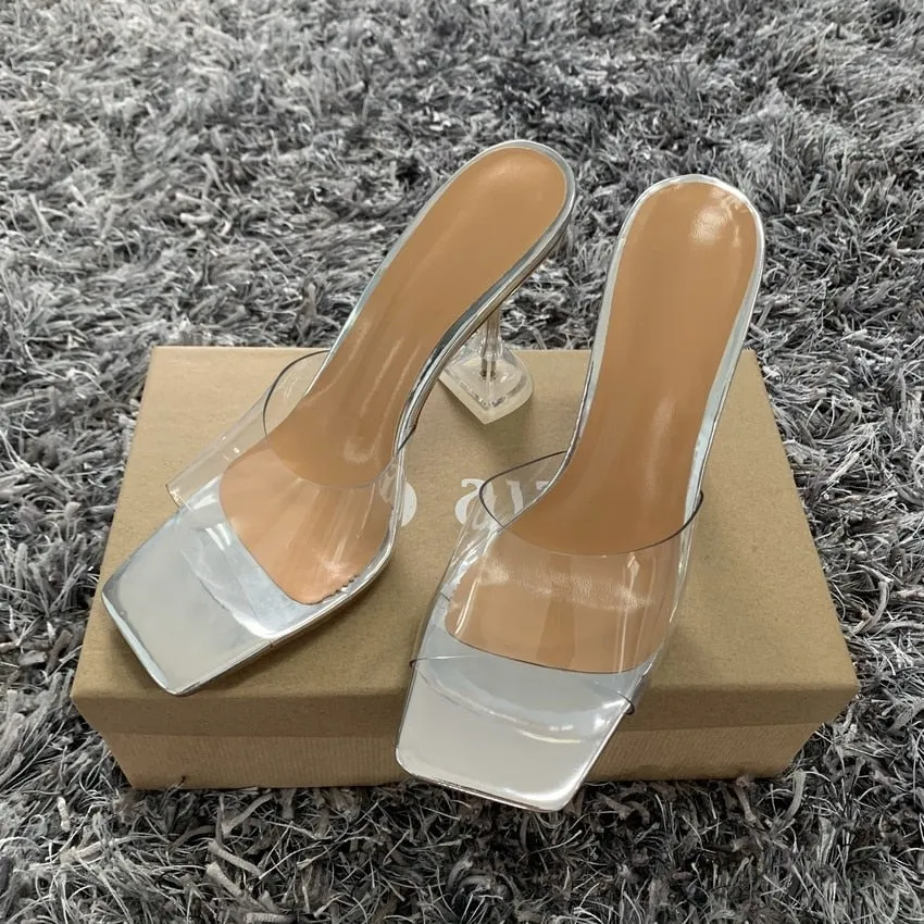 Wenkouban 2023 New Designer PVC Transparent Slippers Women Perspex High Heels Summer Party Ladies Clear Band Crystal Shoes Plus Size 41 42