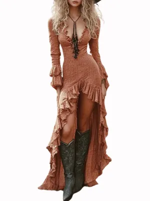 Women's Retro Ruffle Dress Sexy Deep V Neck Slim Irregular Long Dress Fall Winter Butterfly Sleeve Boho Maxi Dress