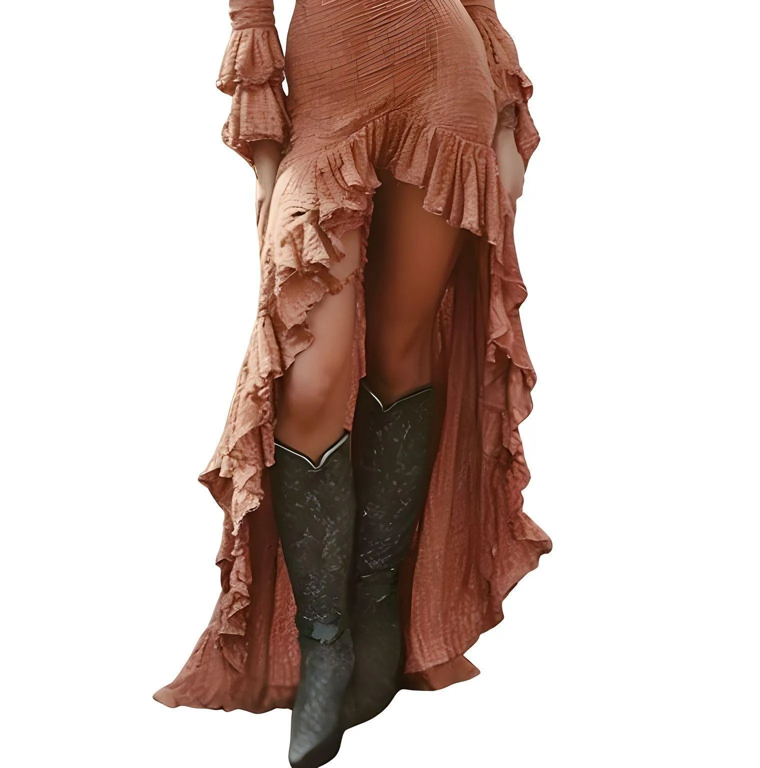 Women's Retro Ruffle Dress Sexy Deep V Neck Slim Irregular Long Dress Fall Winter Butterfly Sleeve Boho Maxi Dress