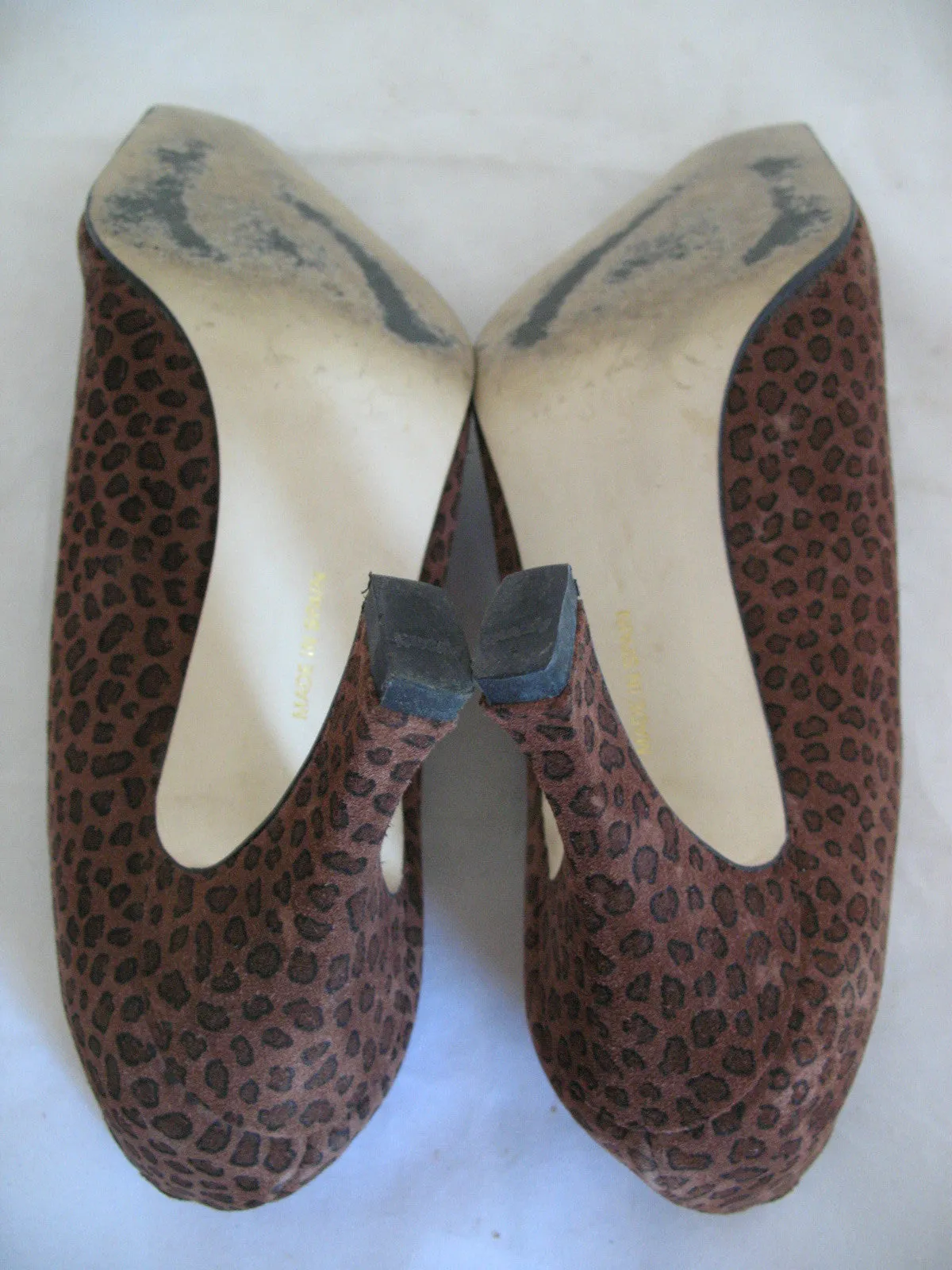 Womens Shoes BROWN ANIMAL PRINT PATTERN Made SPAIN Womens Ladies 3-1/8in HIGH HEELS SHOES size 6 B
